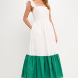Shoulder Ruffled Poplin Maxi with Accent Colorblock