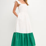 Shoulder Ruffled Poplin Maxi with Accent Colorblock