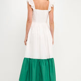 Shoulder Ruffled Poplin Maxi with Accent Colorblock