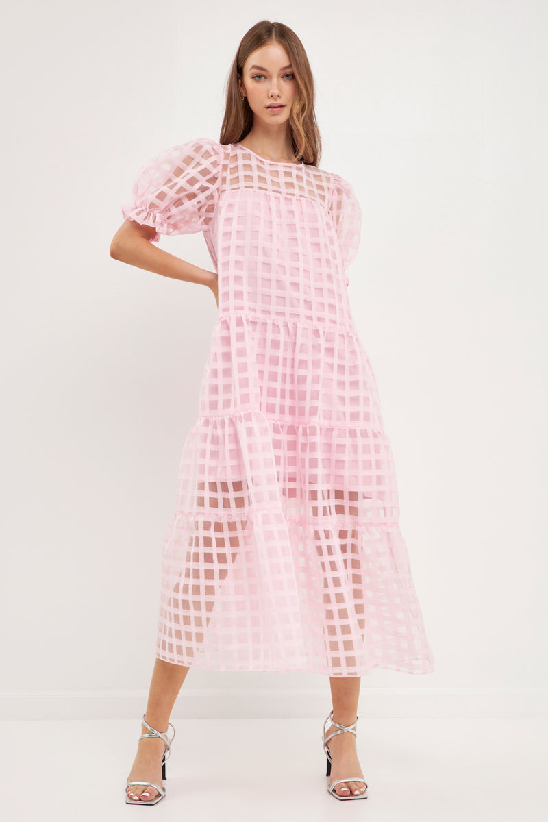 Organza Gridded Puff Sleeve Maxi Dress – English Factory