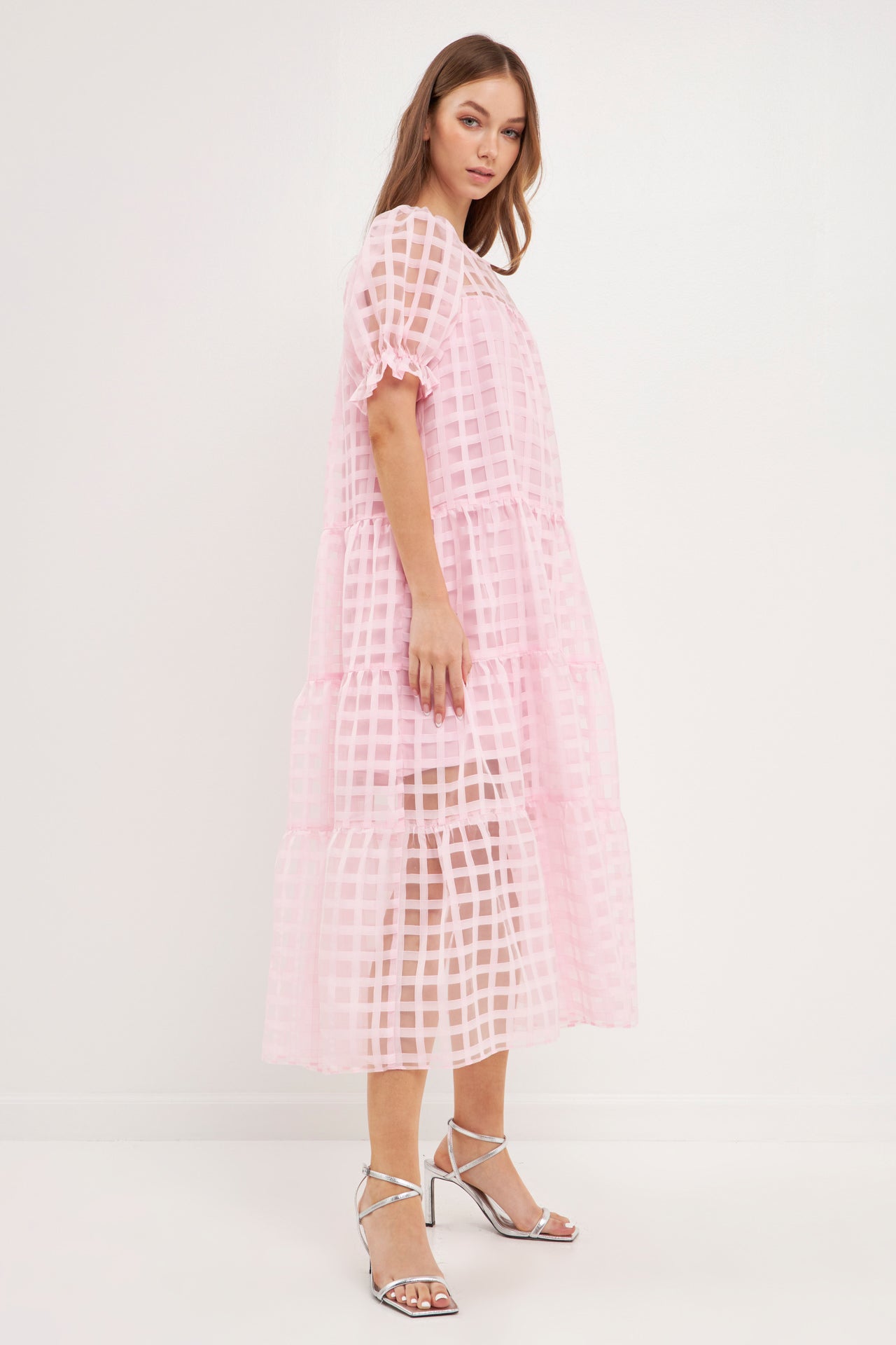 Organza Gridded Puff Sleeve Maxi Dress – English Factory Organza Gridded Puff Sleeve Maxi Dress – English Factory