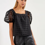 ENGLISH FACTORY-Organza Gridded Square Neck Crop Top-TOPS available at Objectrare