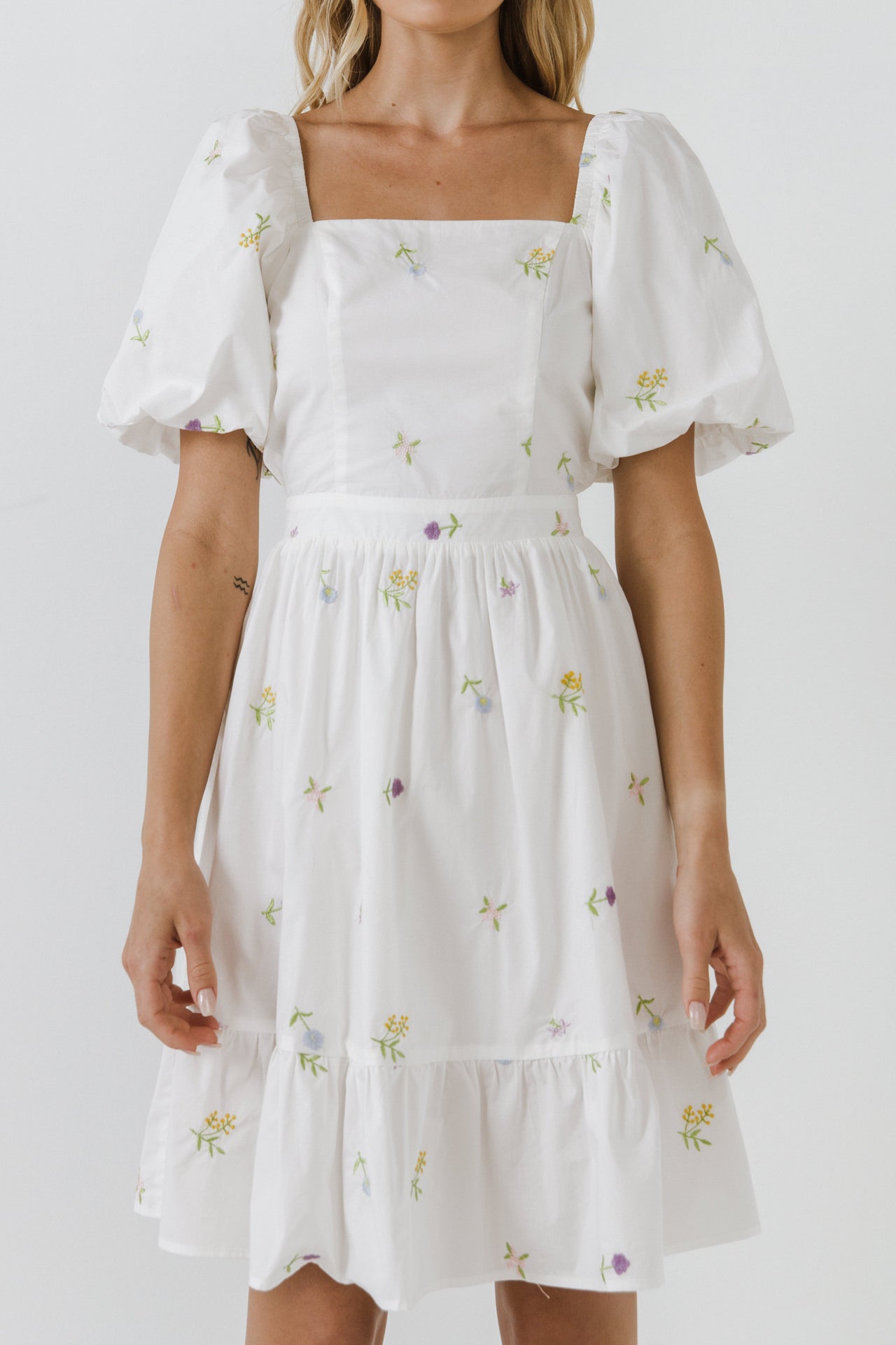 ENGLISH FACTORY-Floral Embroidery Back Tie Mini Dress-DRESSES available at Objectrare