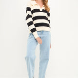 Stripe V-neckline with Collar Sweater