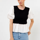 Mixed Media Puff Sleeve Knit Top