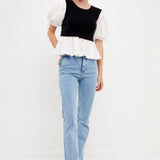 Mixed Media Puff Sleeve Knit Top