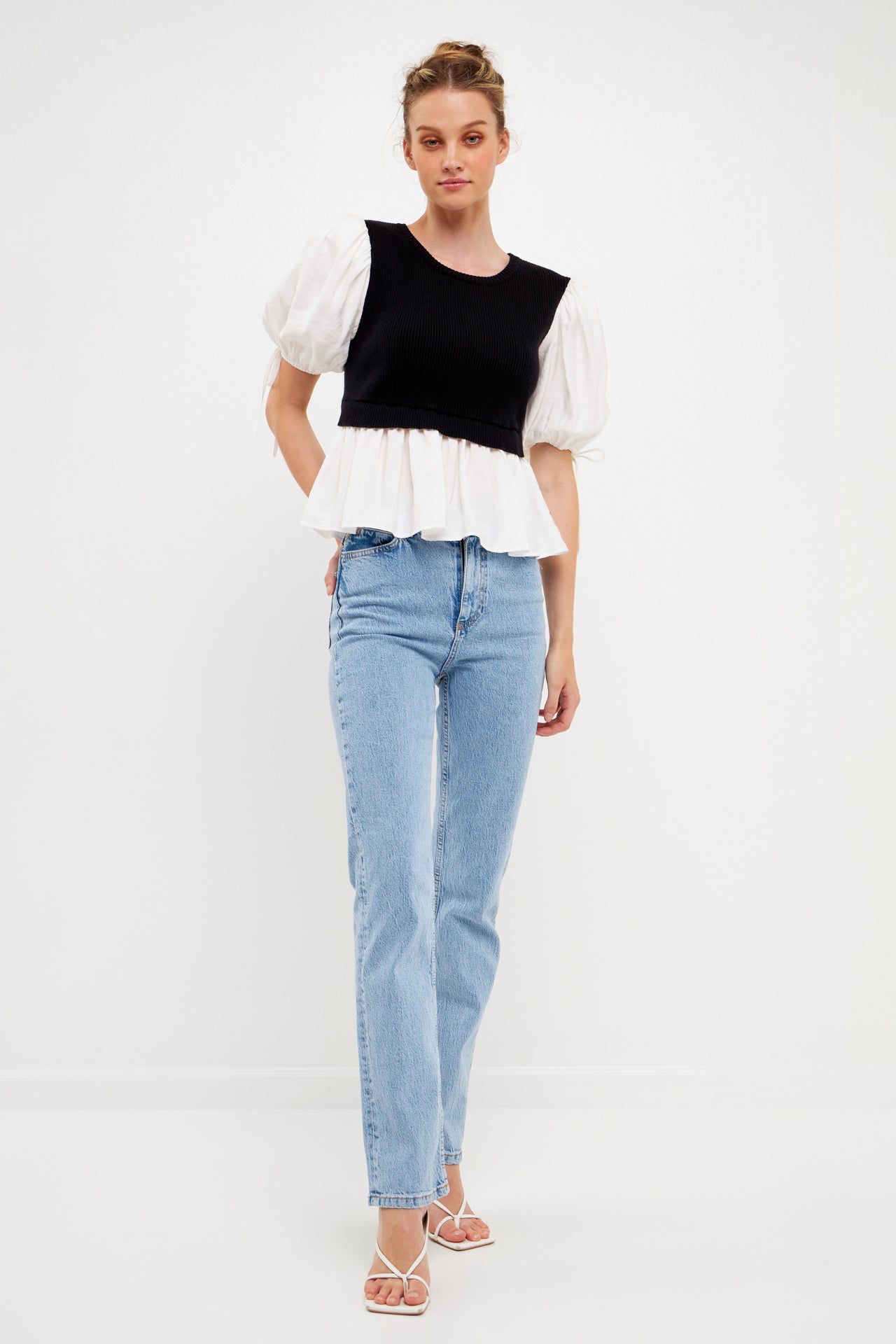 Mixed Media Puff Sleeve Knit Top