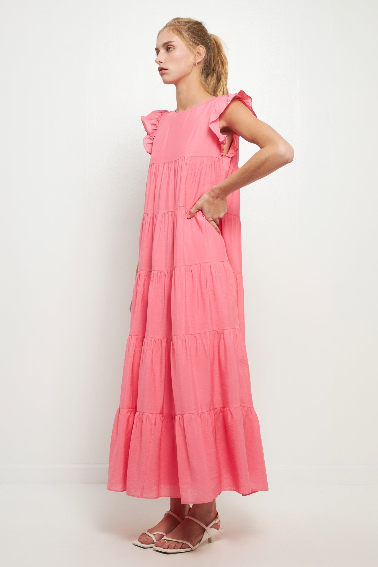 English Factory Colorblocked Tiered Maxi Dress outlets size M Long Sleeve Pink Red