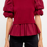 Puff Short Sleeve Mixed Media Top- Sold Out