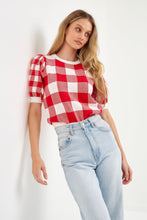 Load image into Gallery viewer, Gingham Puff Sleeve Knit Top
