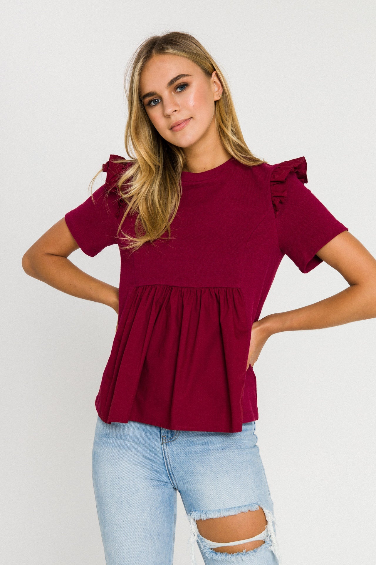 ENGLISH FACTORY - Knit Poplin Mixed Ruffle Top - TOPS available at Objectrare
