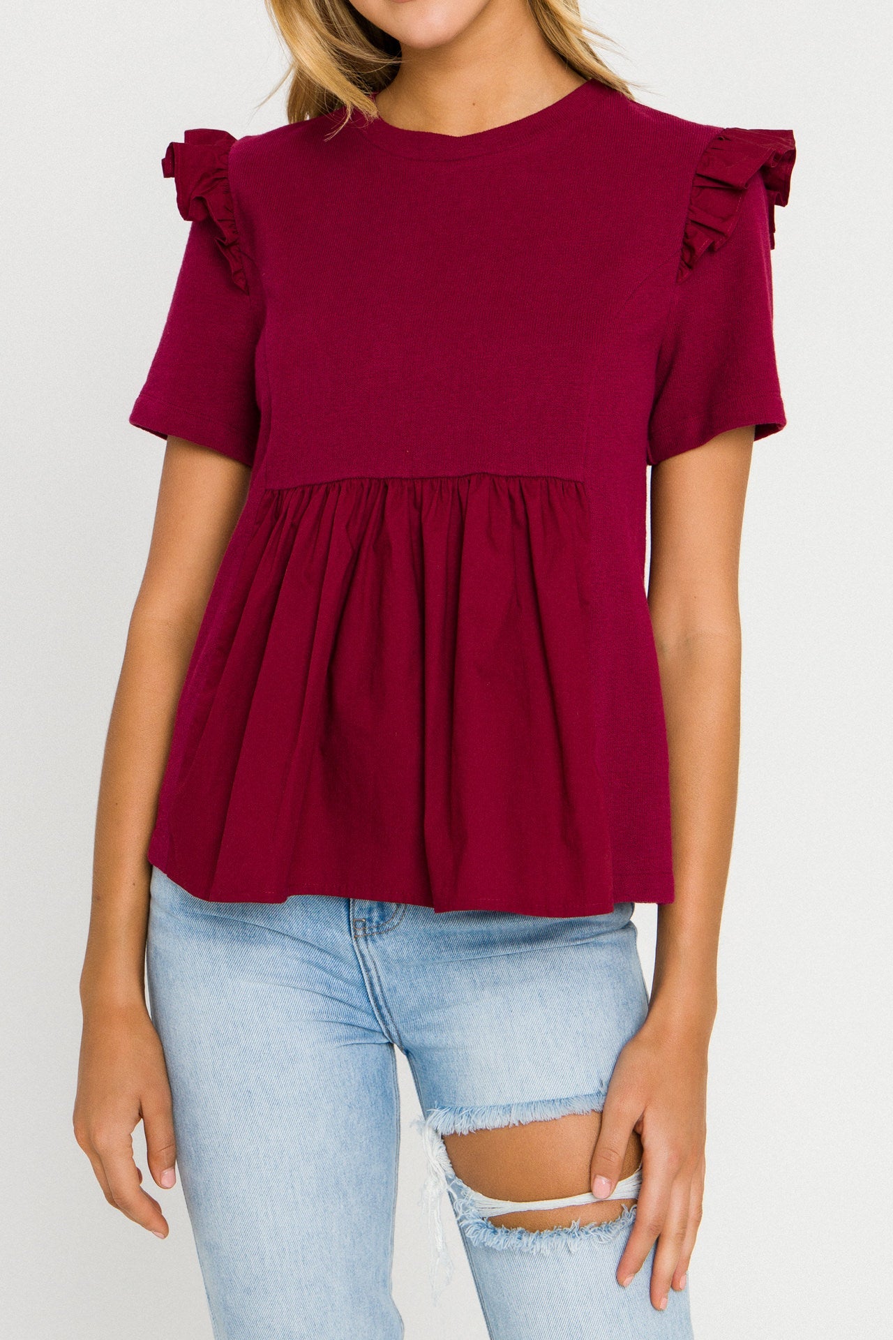 ENGLISH FACTORY - Knit Poplin Mixed Ruffle Top - TOPS available at Objectrare