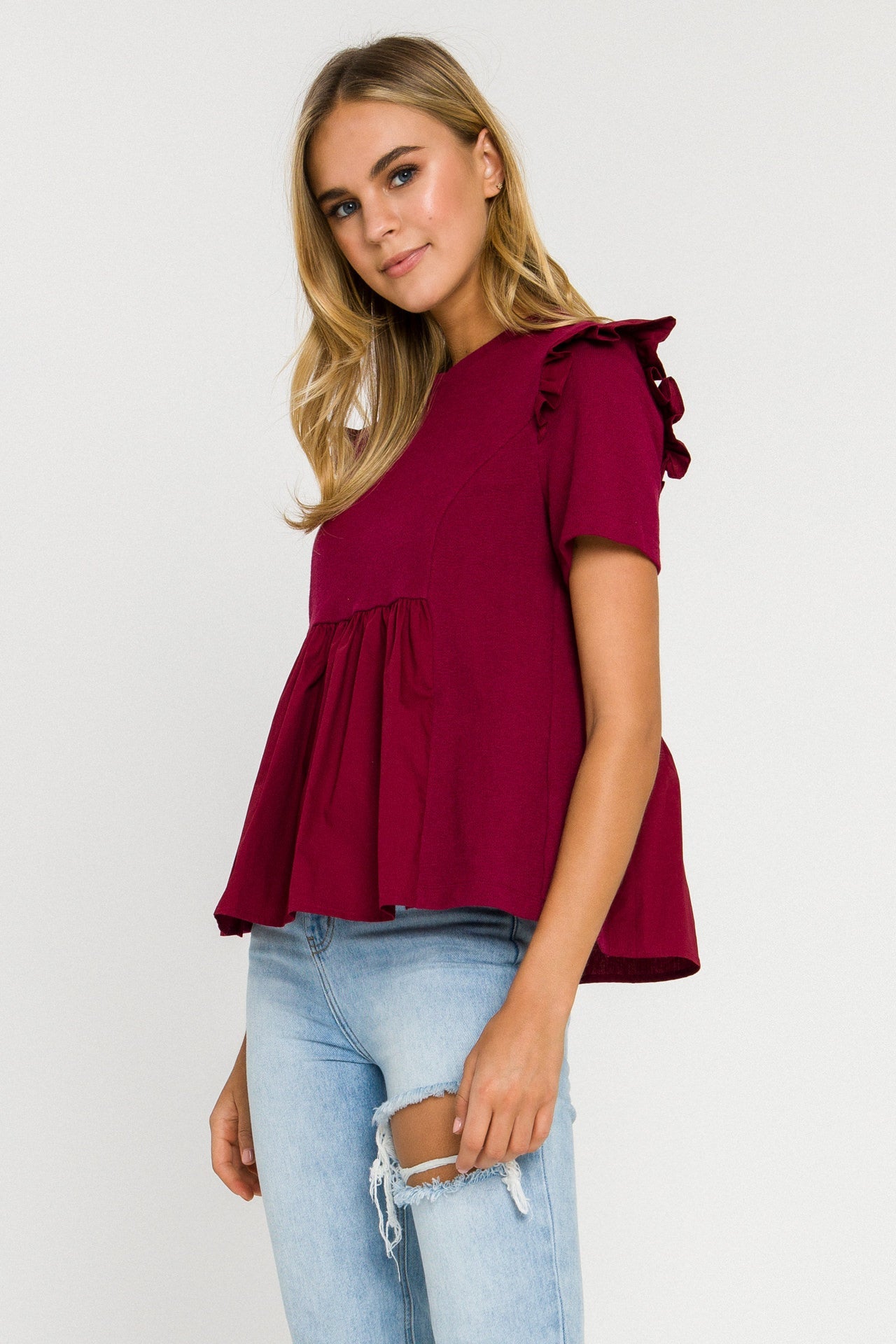 ENGLISH FACTORY - Knit Poplin Mixed Ruffle Top - TOPS available at Objectrare