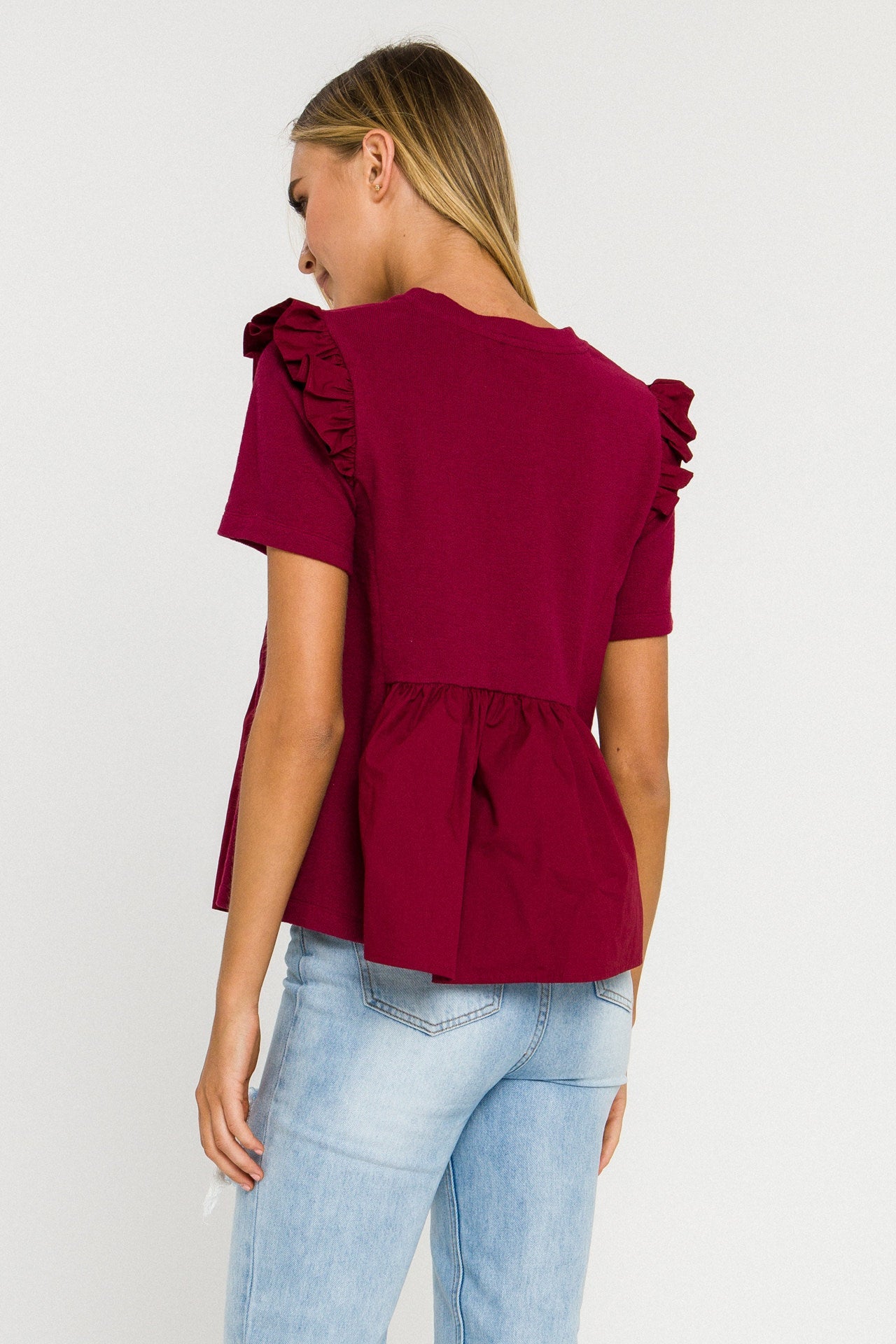 ENGLISH FACTORY - Knit Poplin Mixed Ruffle Top - TOPS available at Objectrare