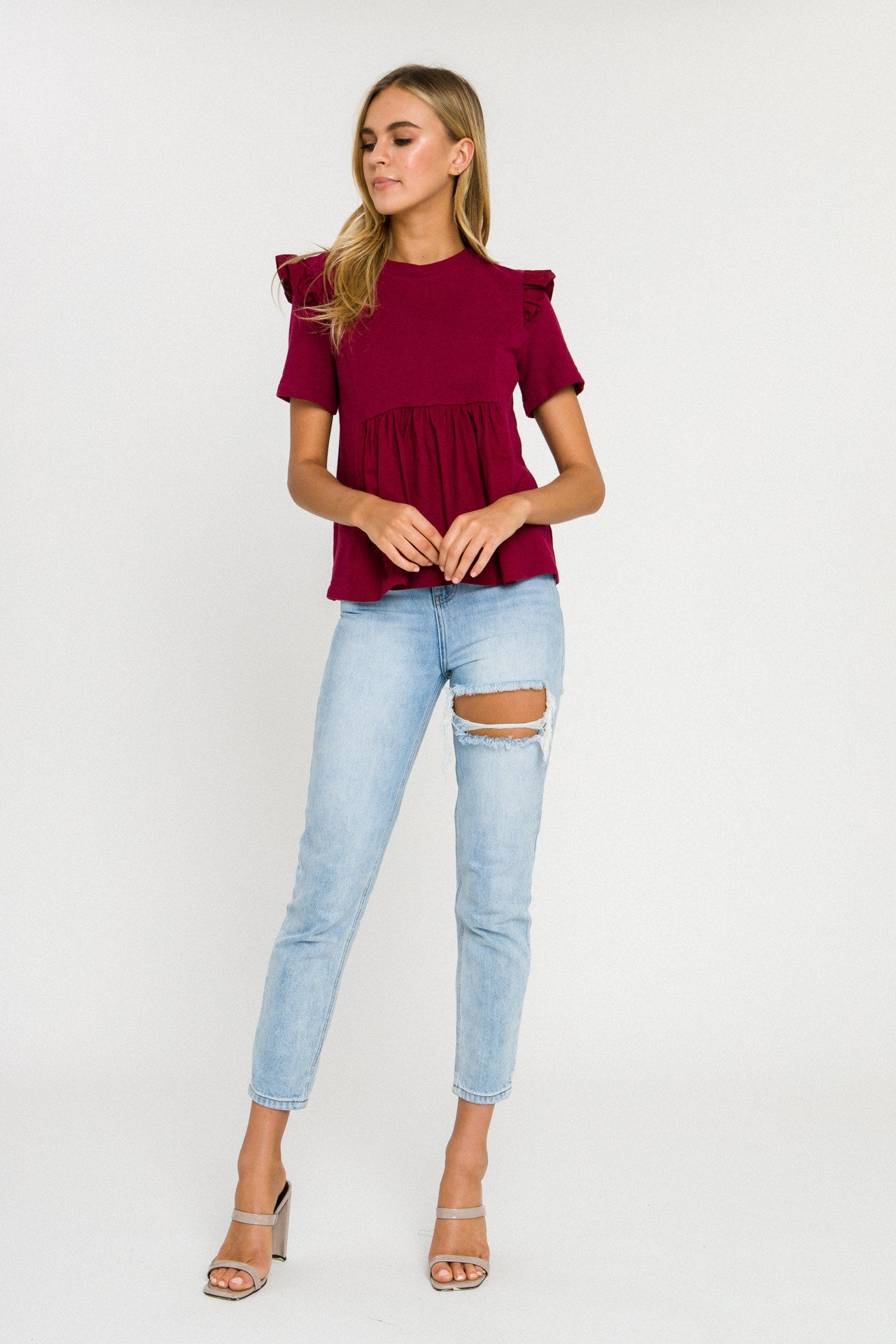 ENGLISH FACTORY - Knit Poplin Mixed Ruffle Top - TOPS available at Objectrare