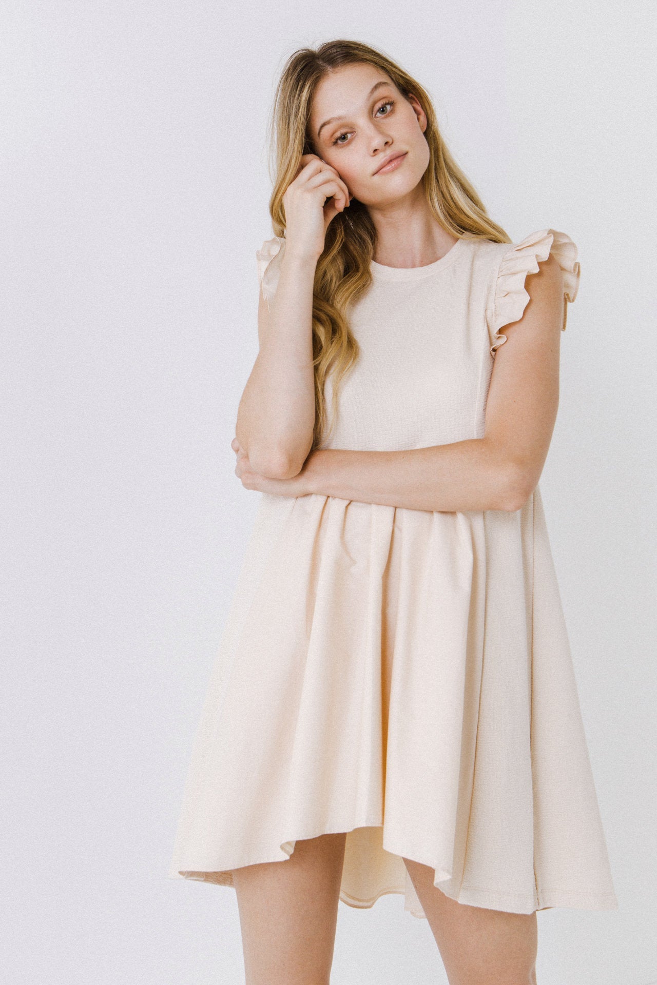 Mixed Media Ruffle Sleeve Mini Dress – English Factory Mixed Media Ruffle Sleeve Mini Dress – English Factory