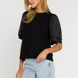 ENGLISH FACTORY - Chiffon Ruffle Sleeve T-shirt - T-SHIRTS available at Objectrare