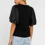 ENGLISH FACTORY - Chiffon Ruffle Sleeve T-shirt - T-SHIRTS available at Objectrare