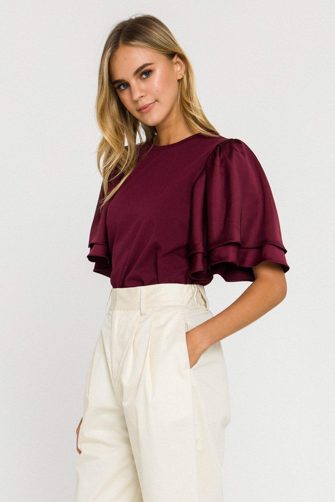 ENGLISH FACTORY - Chiffon Ruffle Sleeve T-shirt - T-SHIRTS available at Objectrare