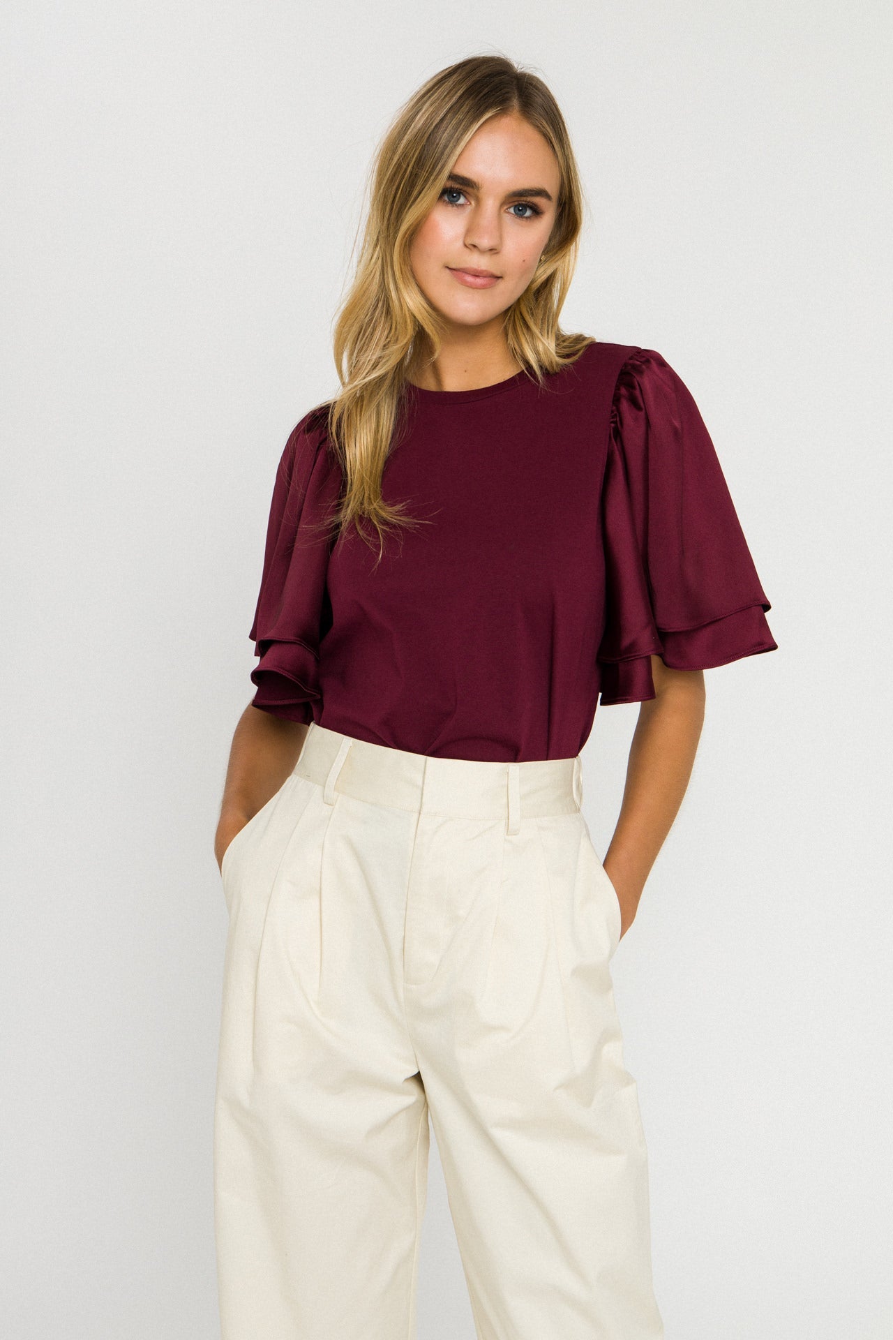 ENGLISH FACTORY - Chiffon Ruffle Sleeve T-shirt - T-SHIRTS available at Objectrare