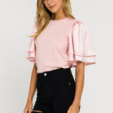 ENGLISH FACTORY - Chiffon Ruffle Sleeve T-shirt - T-SHIRTS available at Objectrare