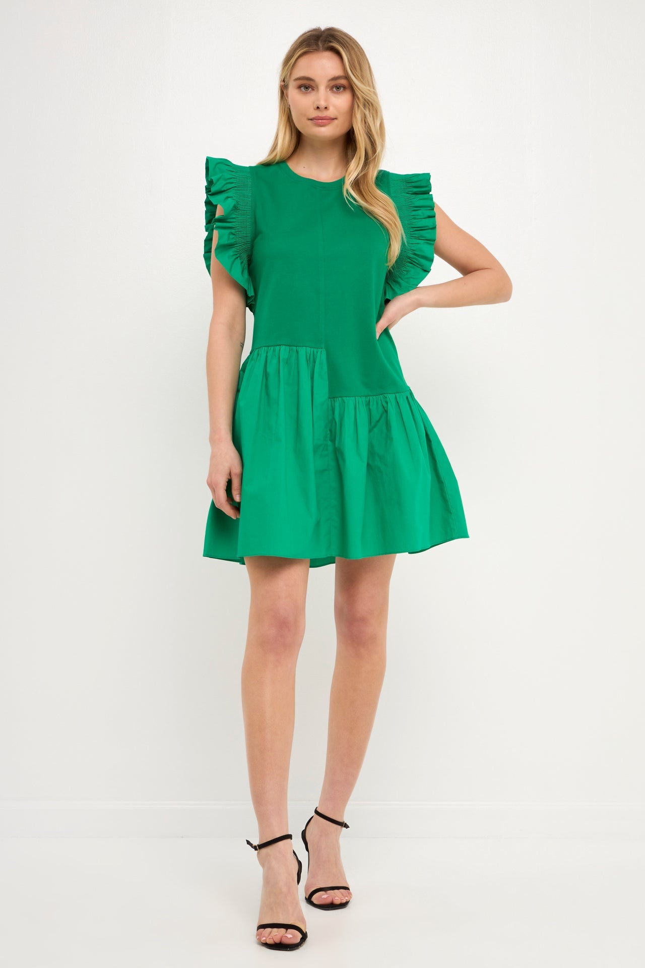 Mixed Media Ruffle Detail Mini Dress