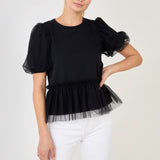 ENGLISH FACTORY - Mixed Media Top with Tulle - T-SHIRTS available at Objectrare