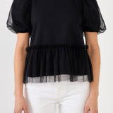 ENGLISH FACTORY - Mixed Media Top with Tulle - T-SHIRTS available at Objectrare