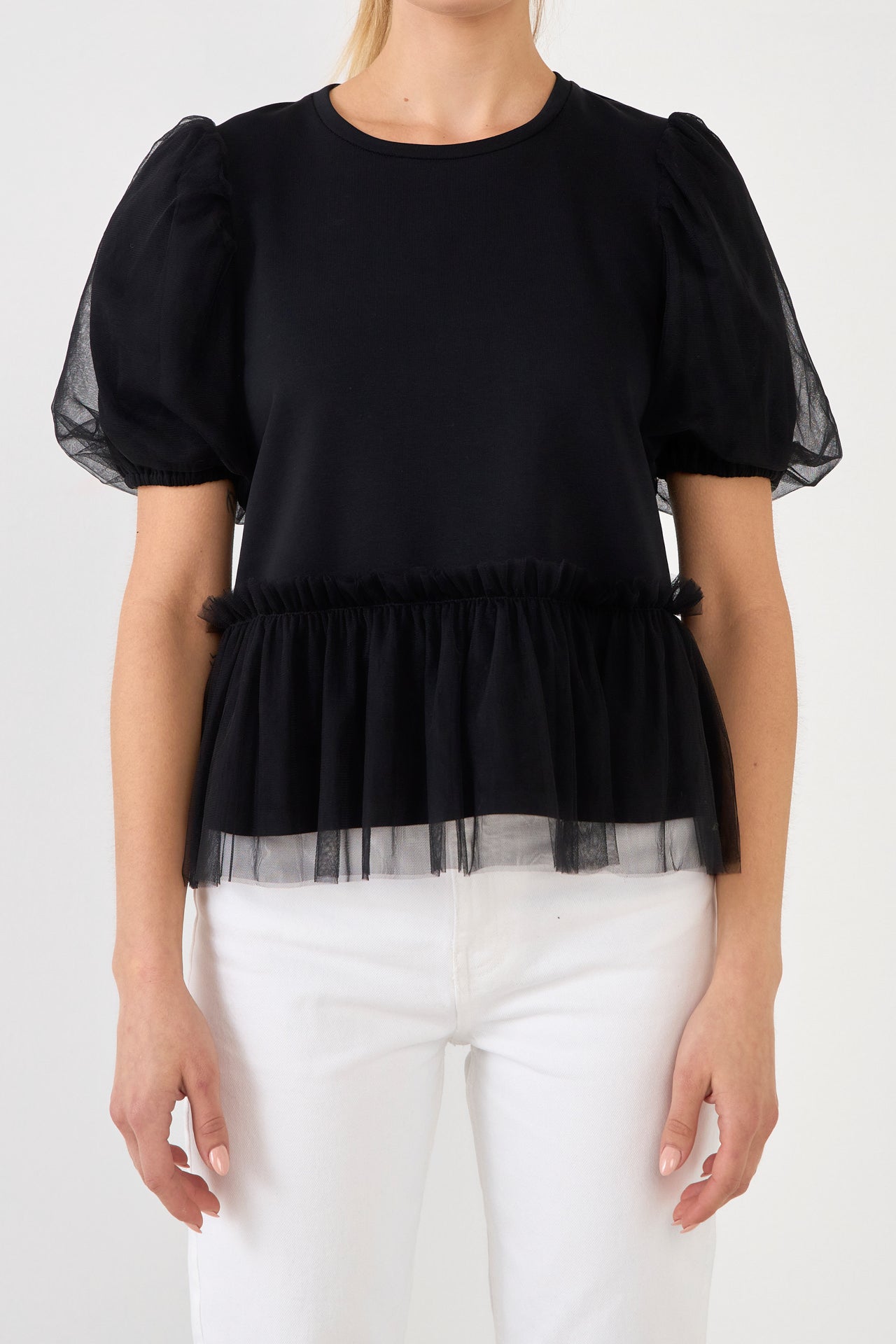 ENGLISH FACTORY - Mixed Media Top with Tulle - T-SHIRTS available at Objectrare