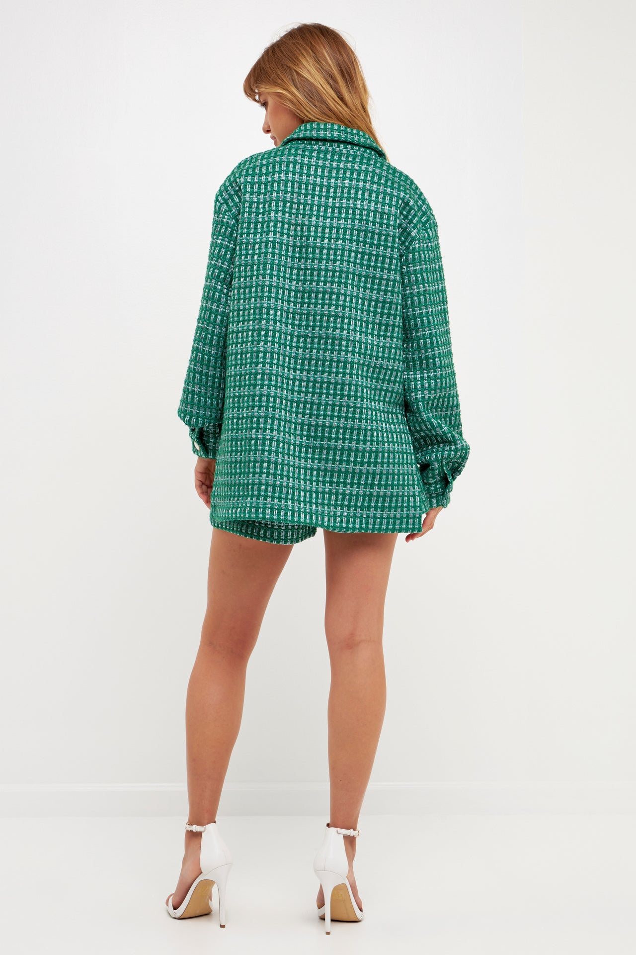Green Plaid Tweed Shirt Mini Dress