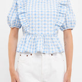 Embroidered Gingham Checked Ruffle Top
