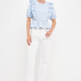 Embroidered Gingham Checked Ruffle Top