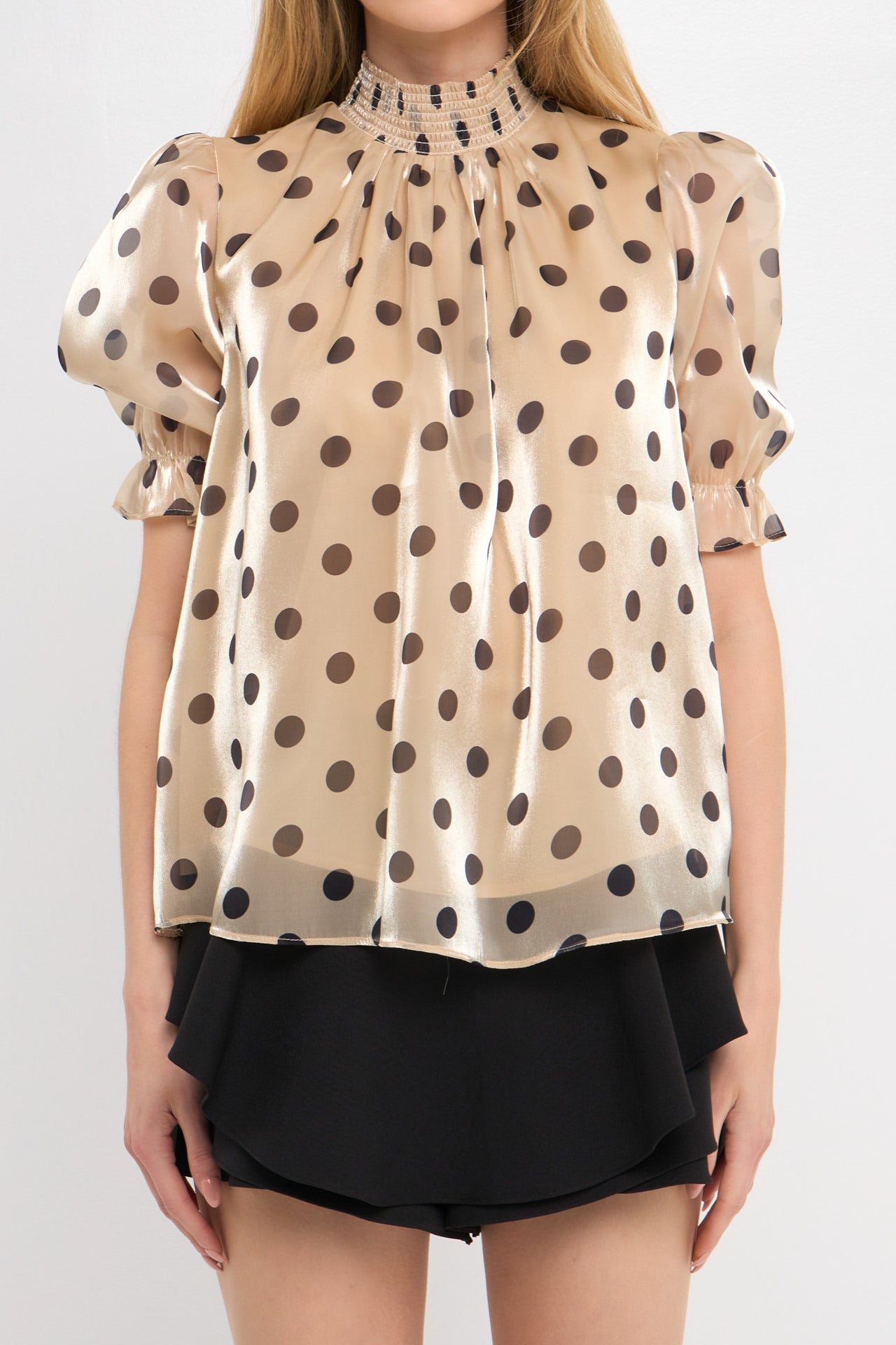 Polka-dot Puff Sleeve Top with Mock neck – English Factory